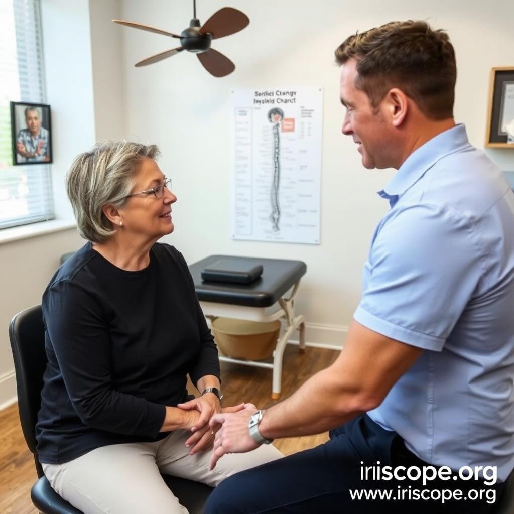 Iridologist and chiropractor examining spine-related iris markings