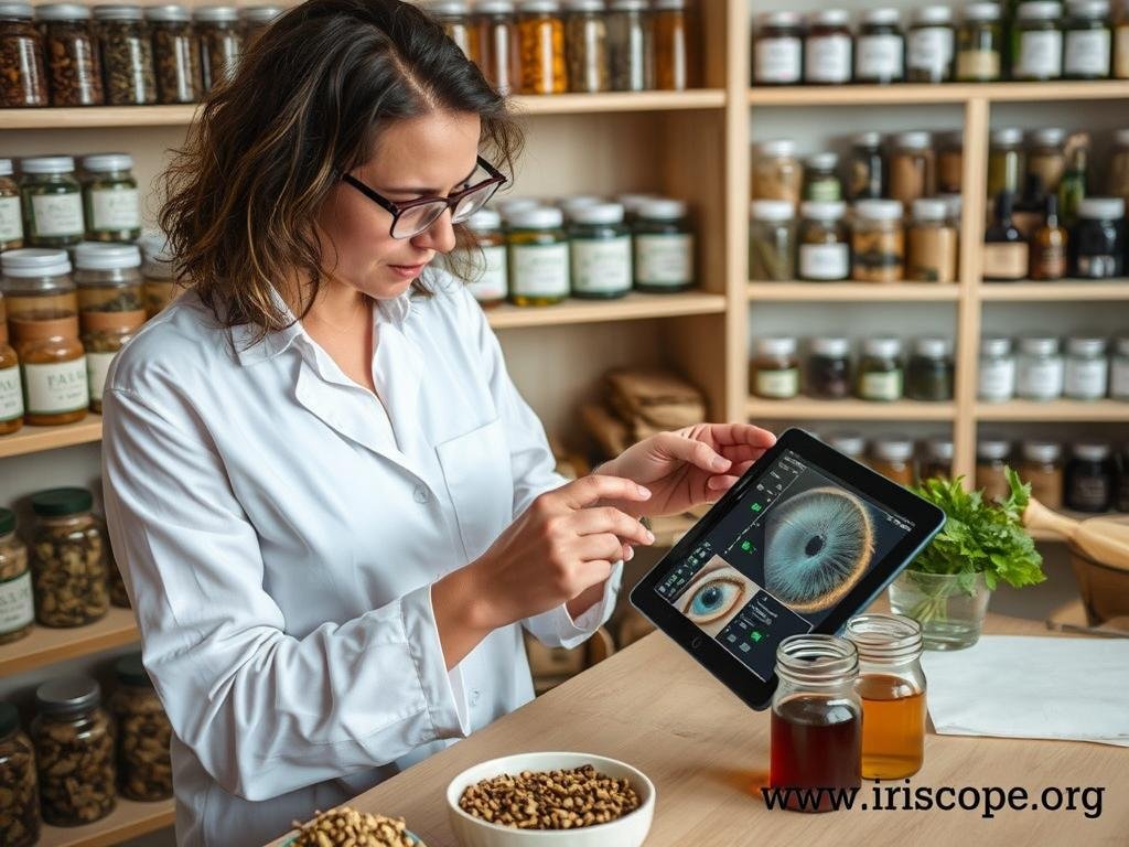 Iridologist and herbalist selecting herbal remedies based on iris analysis