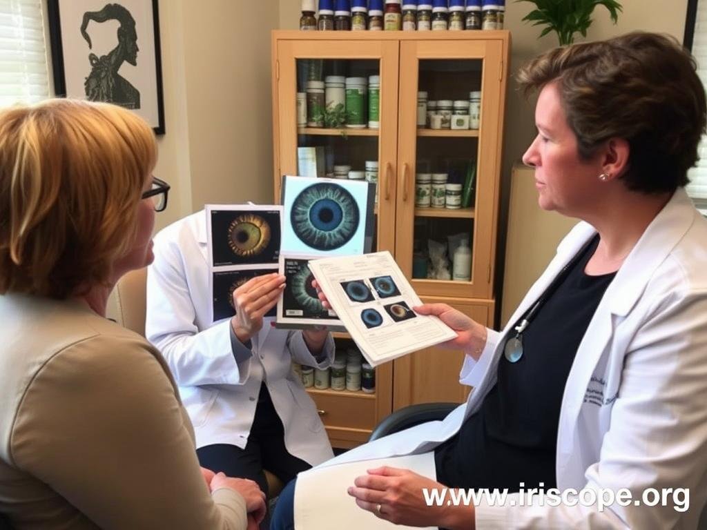 Iridologist and naturopathic doctor reviewing patient health plan