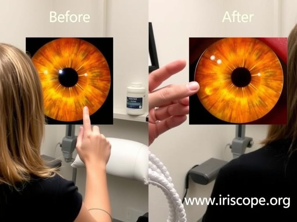Iridologist comparing before and after iris photographs to track changes Iridologist comparing before and after iris photographs to track changes