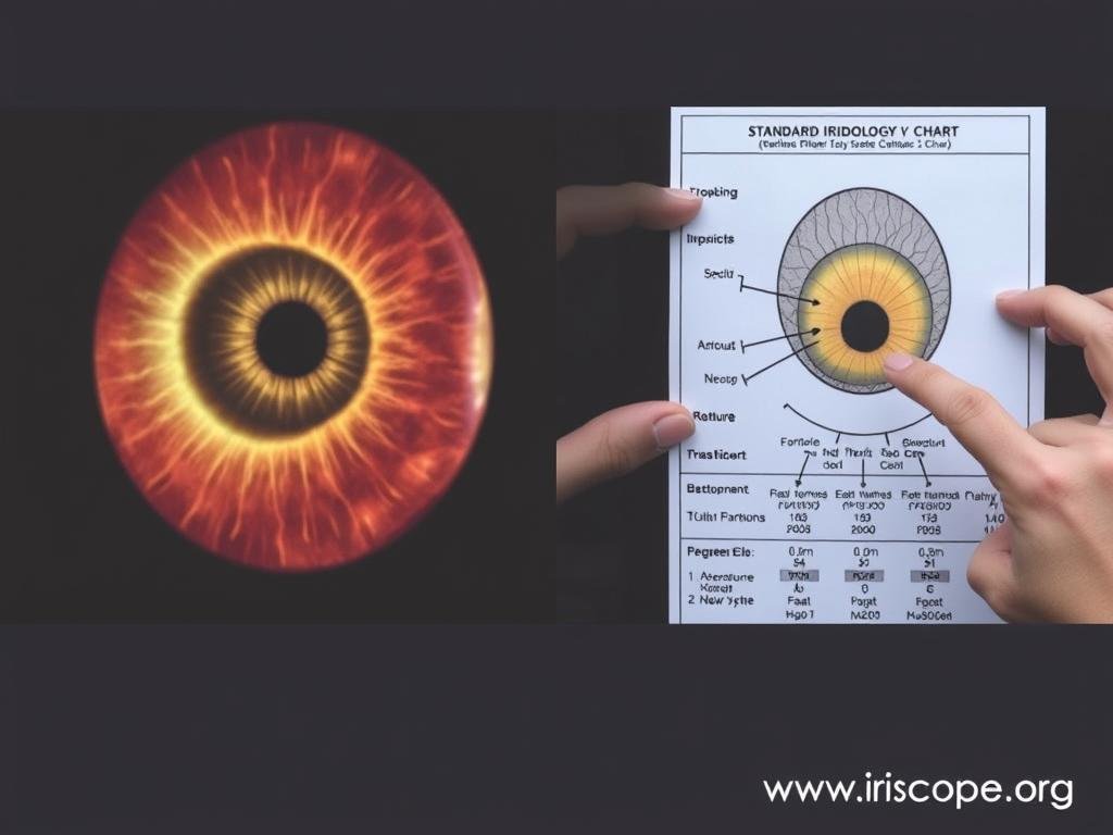 Iridologist comparing client's iris patterns to standard iridology charts Iridologist comparing client's iris patterns to standard iridology charts