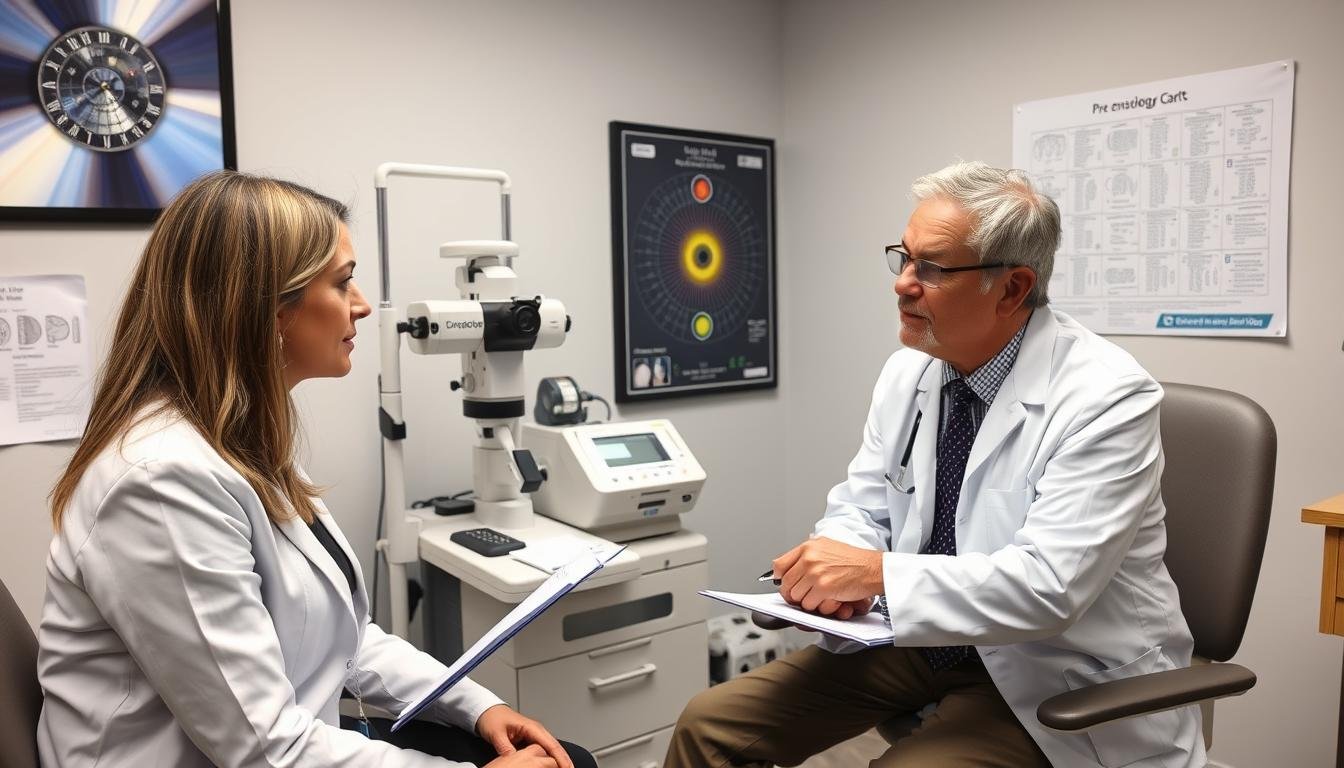 Iridologist conducting a pre-exam consultation with a patient