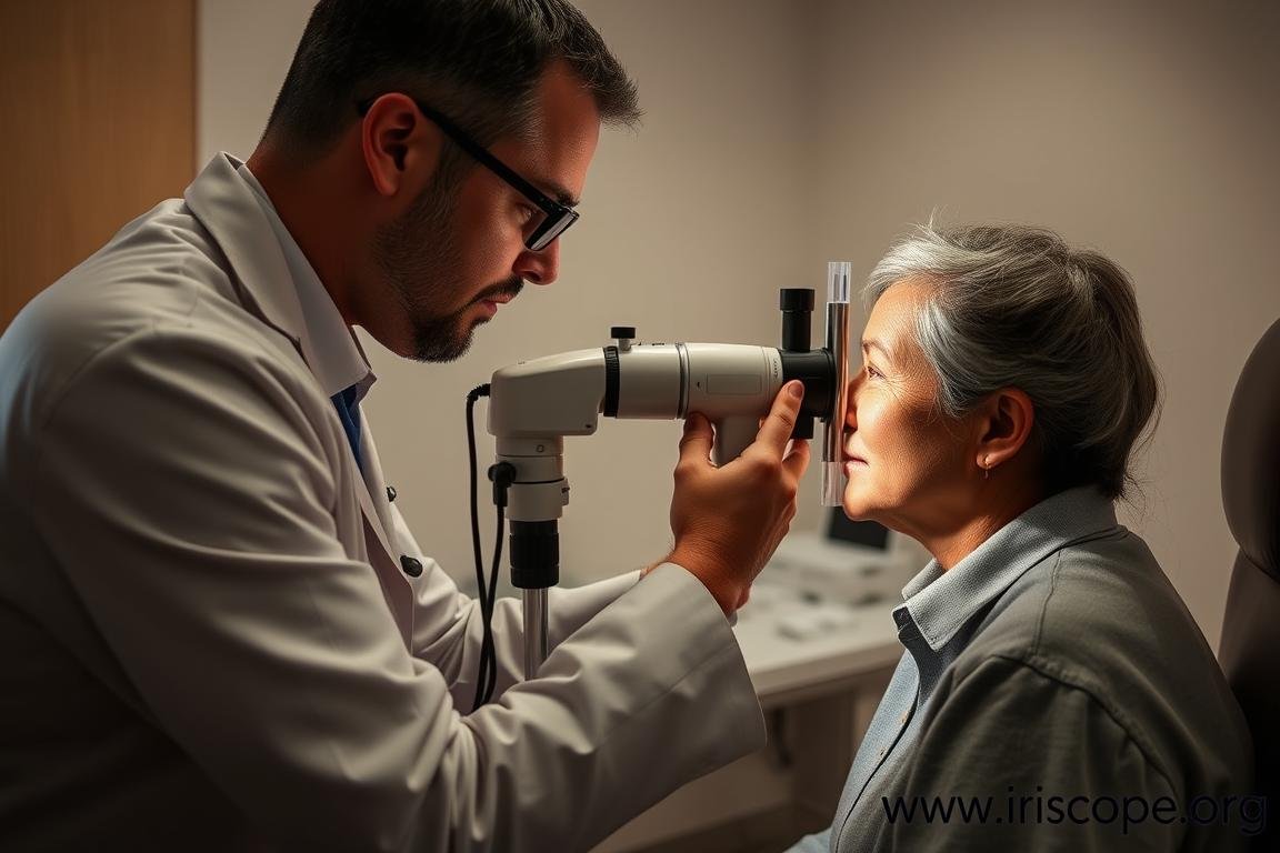 Iridologist conducting an examination with a client Iridologist conducting an examination with a client