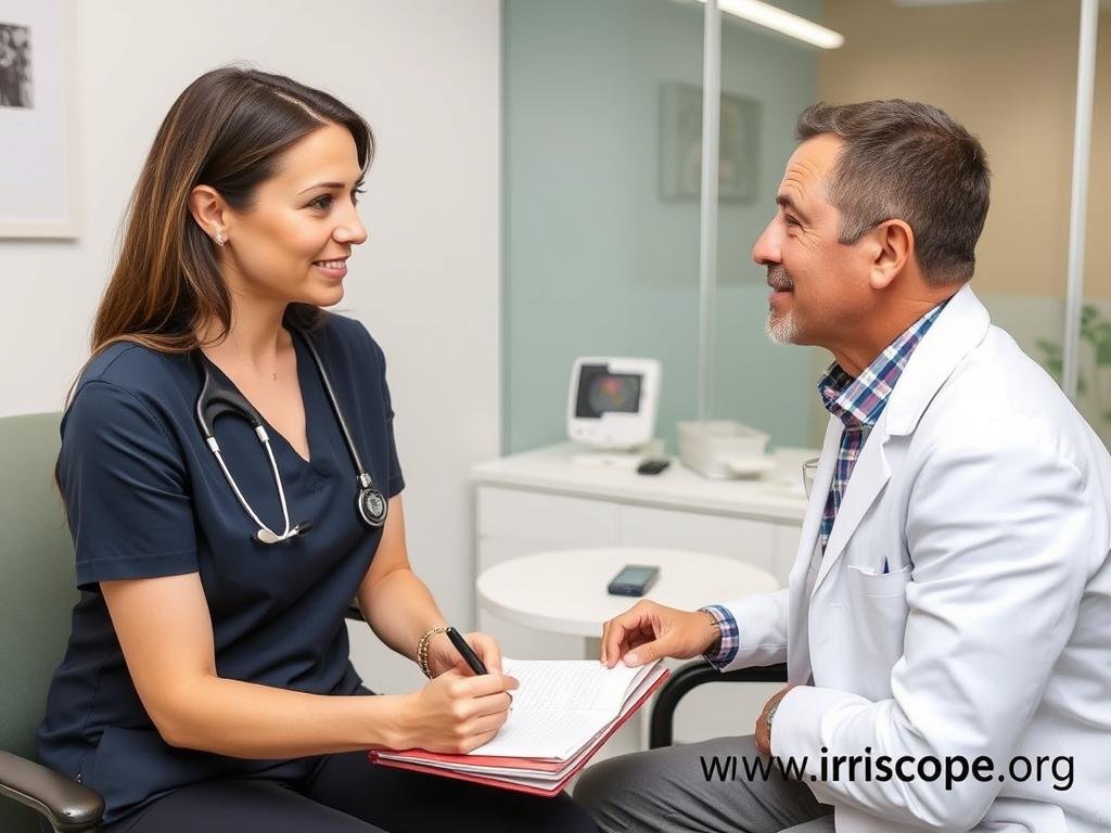 Iridologist conducting an initial consultation with a client Iridologist conducting an initial consultation with a client