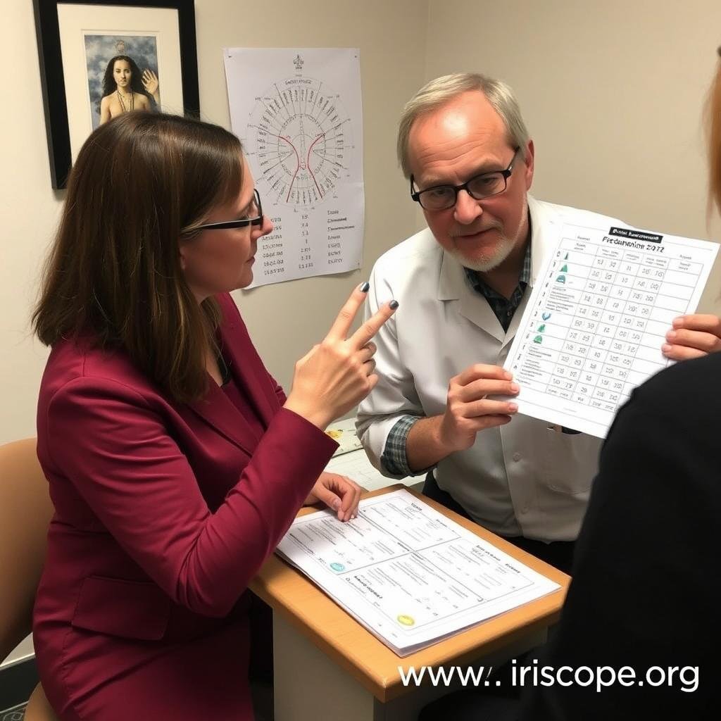 Iridologist consulting with acupuncturist about meridian patterns