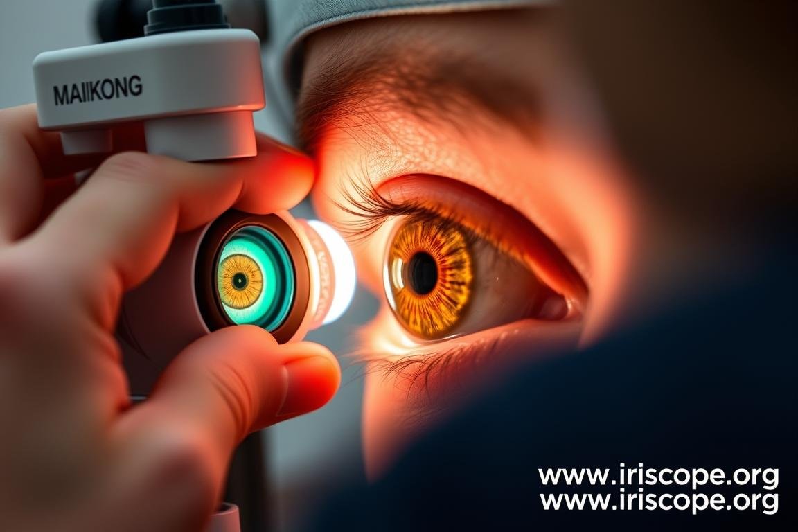 Iridologist examining a client's iris using digital equipment