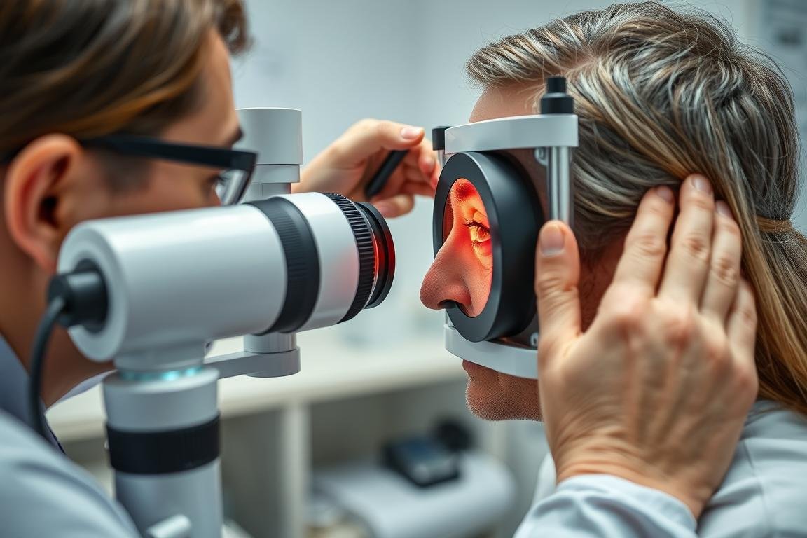 Iridologist examining a patient's iris with a specialized iriscope device