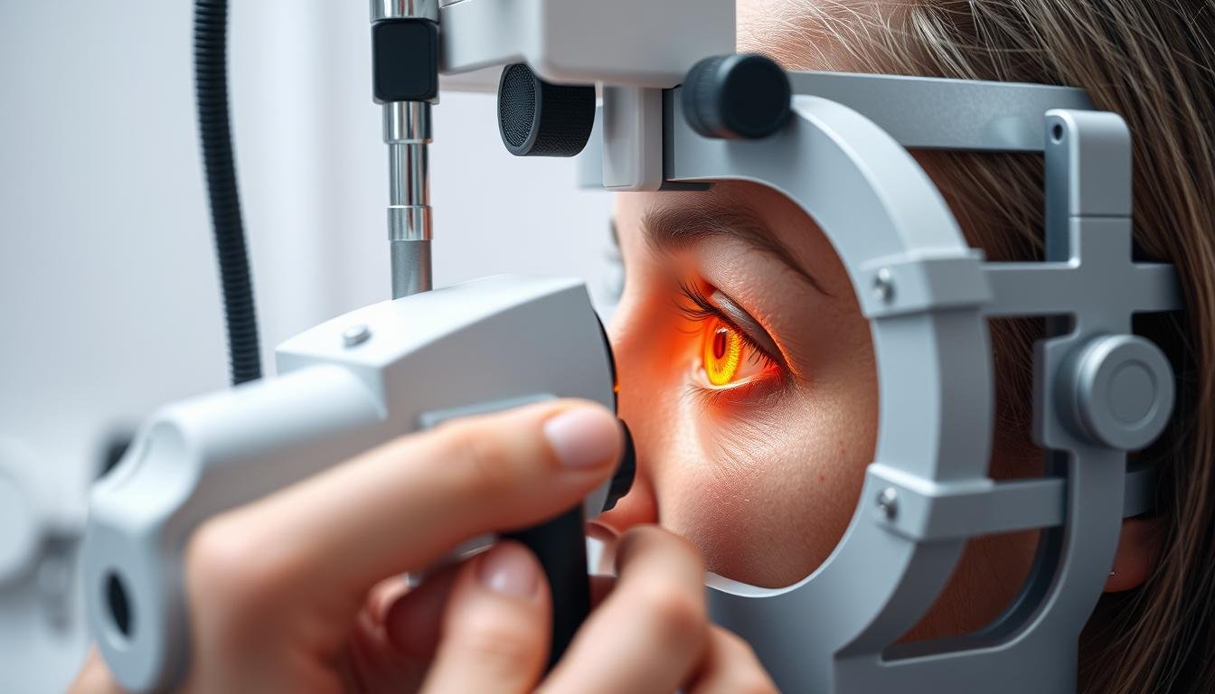 Comparing Iridology Iris Diagnosis with Traditional Medical Tests 1 Iridologist examining a patient's iris with specialized equipment