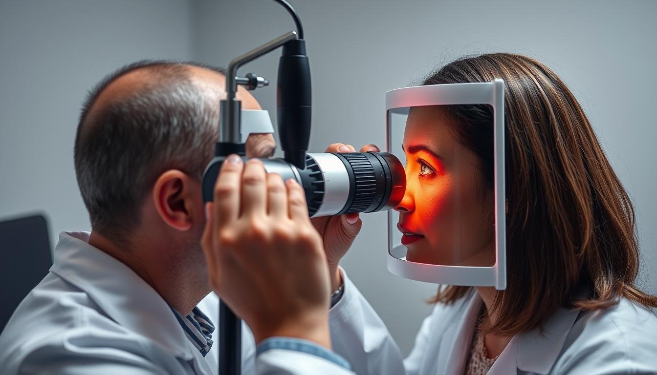 Iridologist examining a patient's iris with specialized equipment