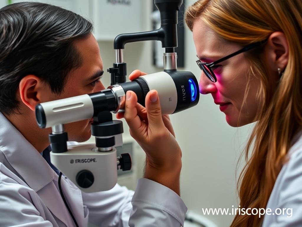 Iridologist examining a patient's iris Iridologist examining a patient's iris
