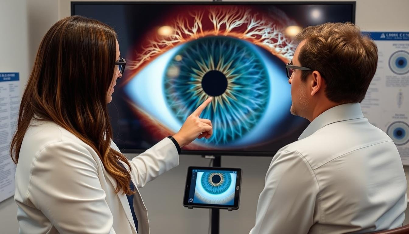 Iridologist explaining diagnostic findings to a client using iris images