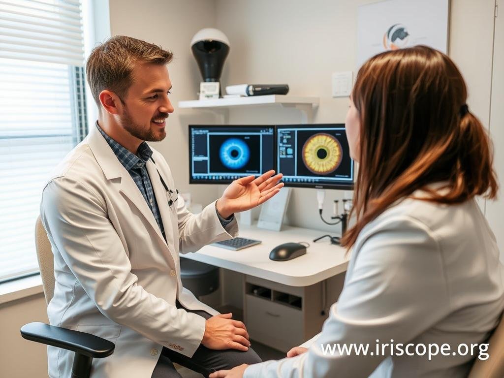 Iridologist explaining iris analysis results to a client