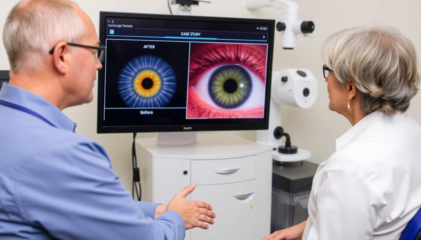 Iridologist reviewing case study results with a patient