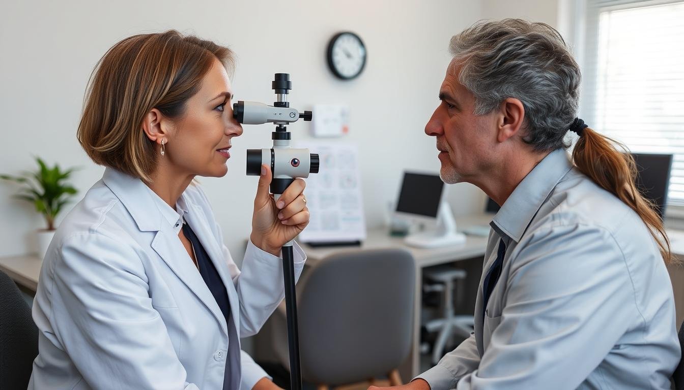 Iridologist using Bernard Jensen Chart with client Iridologist using Bernard Jensen Chart with client