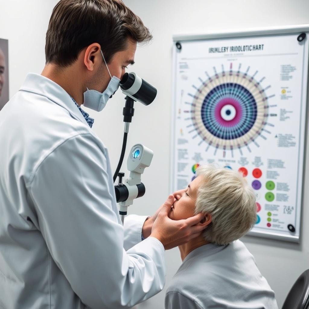 Iridologist using a professional chart for accurate diagnosis