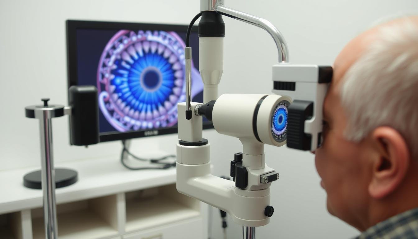 Iridologists examining iris patterns with specialized equipment