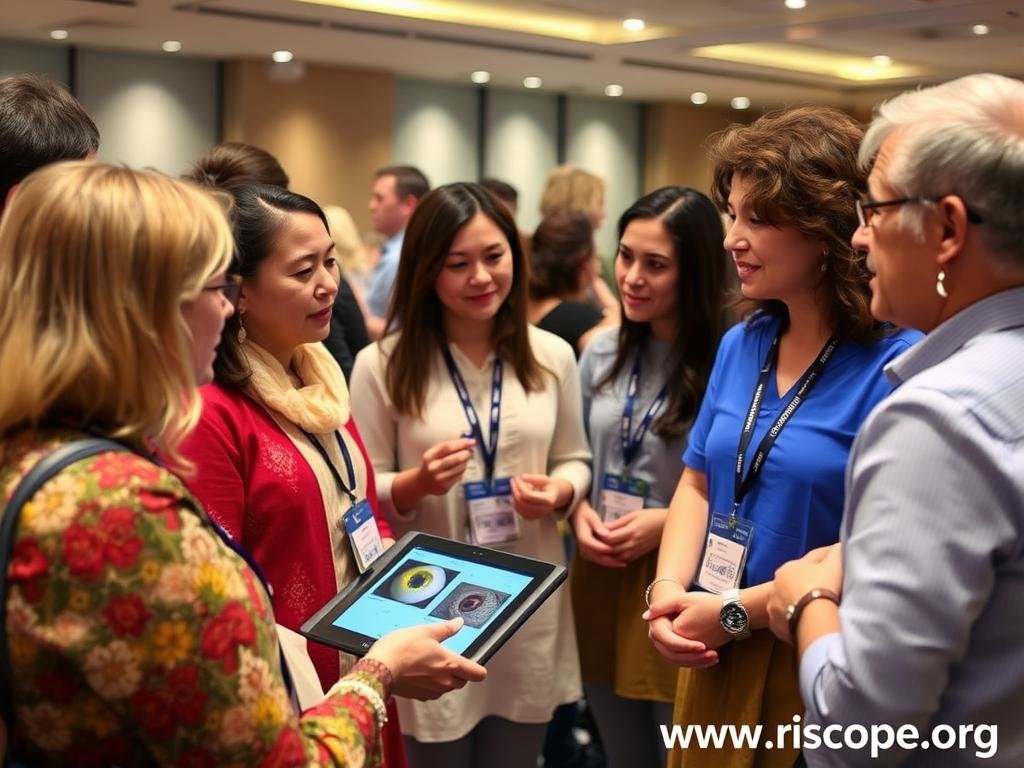 Iridologists networking with other holistic practitioners at a conference