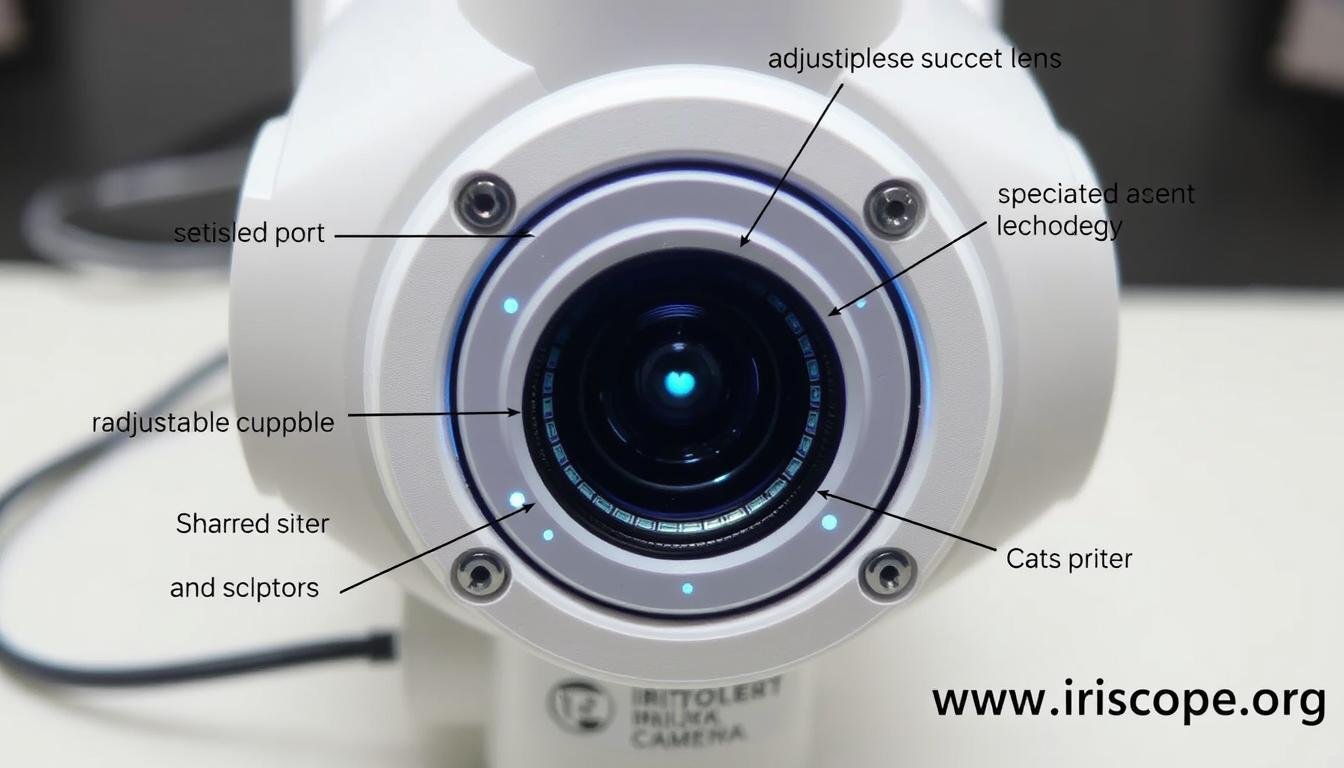 Iridology camera components showing lens, lighting system, and connection ports Iridology camera components showing lens, lighting system, and connection ports