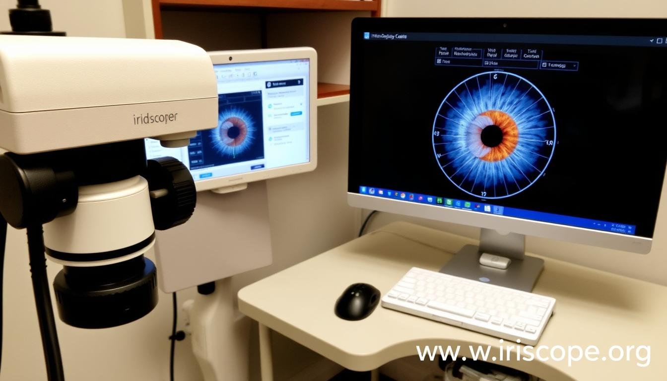 Iridology camera connected to computer software showing iris analysis