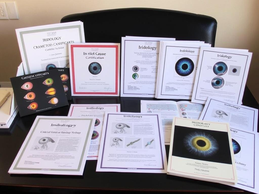 Iridology certification and training materials on a desk Iridology certification and training materials on a desk