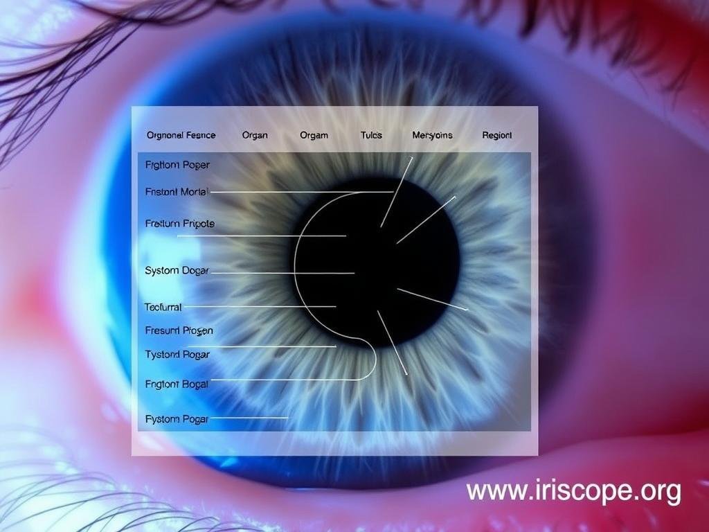 Iridology chart overlay on iris image showing organ correlations