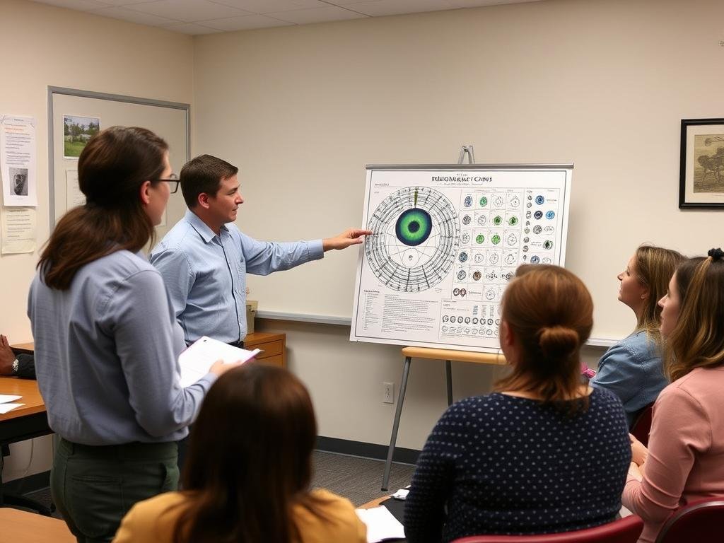 Iridology instructor teaching students using chart posters