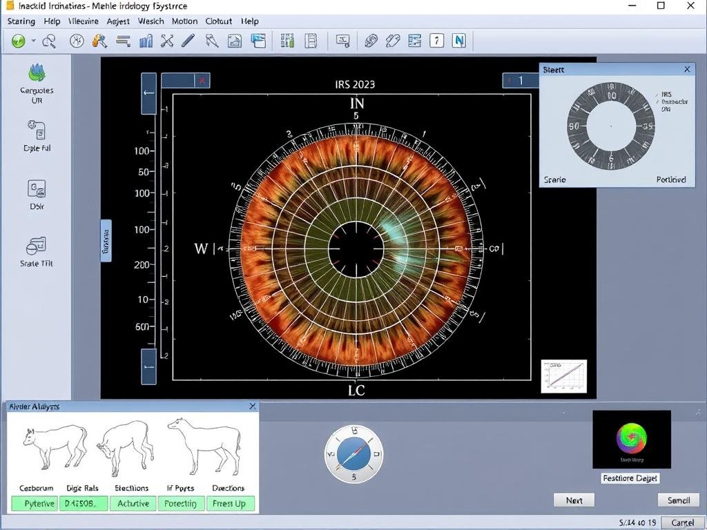 Iridology software interface showing analysis tools and iris mapping Iridology software interface showing analysis tools and iris mapping