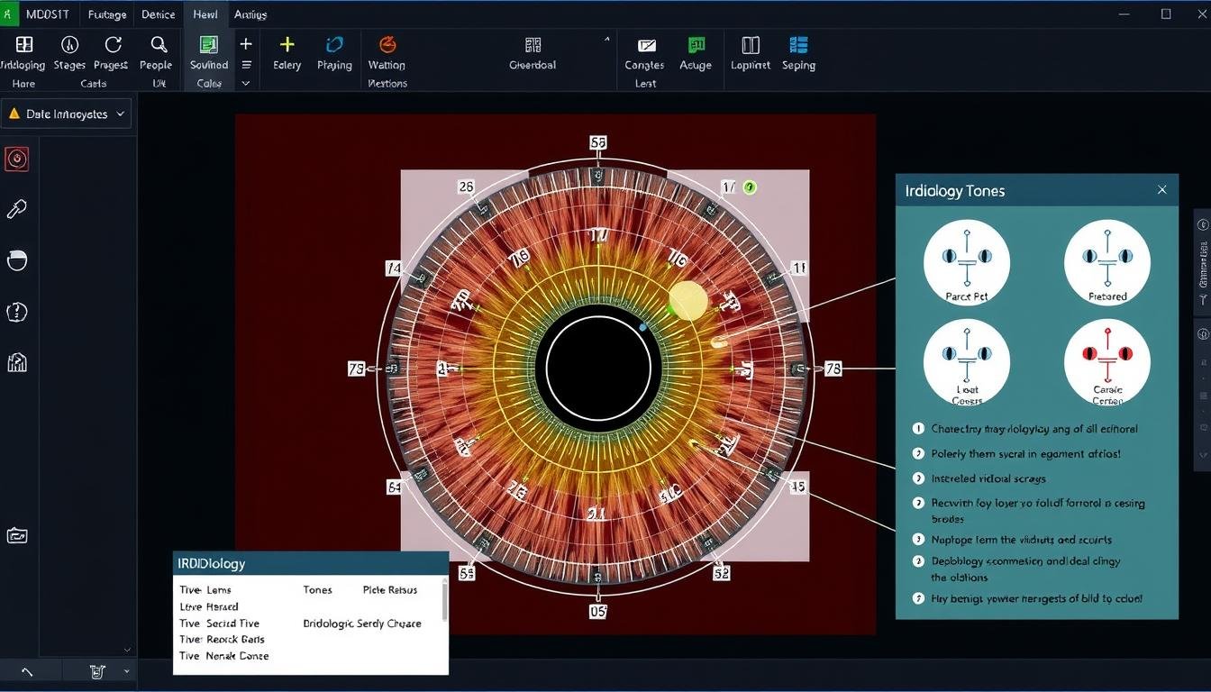 Iridology software interface showing iris analysis with mapping and annotations Iridology software interface showing iris analysis with mapping and annotations