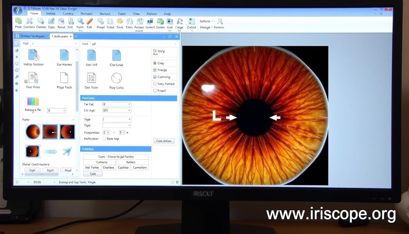 Iridology software interface showing iris analysis with markers and annotations Iridology software interface showing iris analysis with markers and annotations
