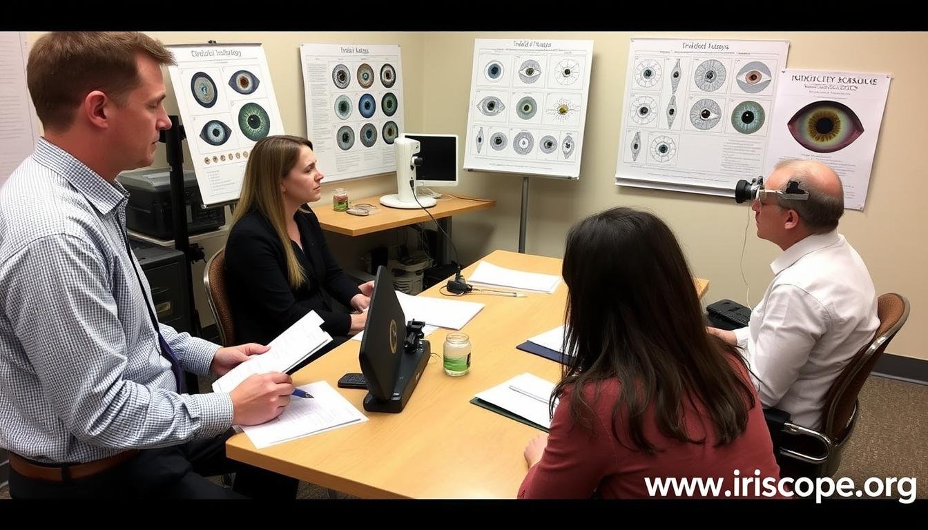 Iridology training session with students learning iris analysis techniques Iridology training session with students learning iris analysis techniques