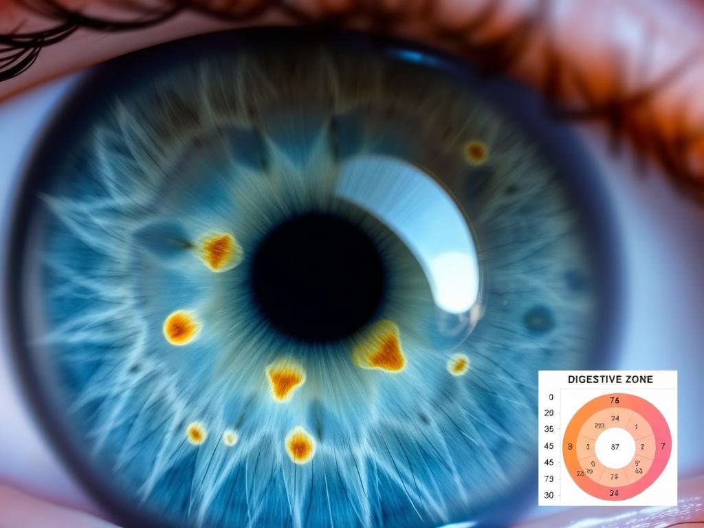 Iris photograph showing digestive system markers with iridology chart overlay