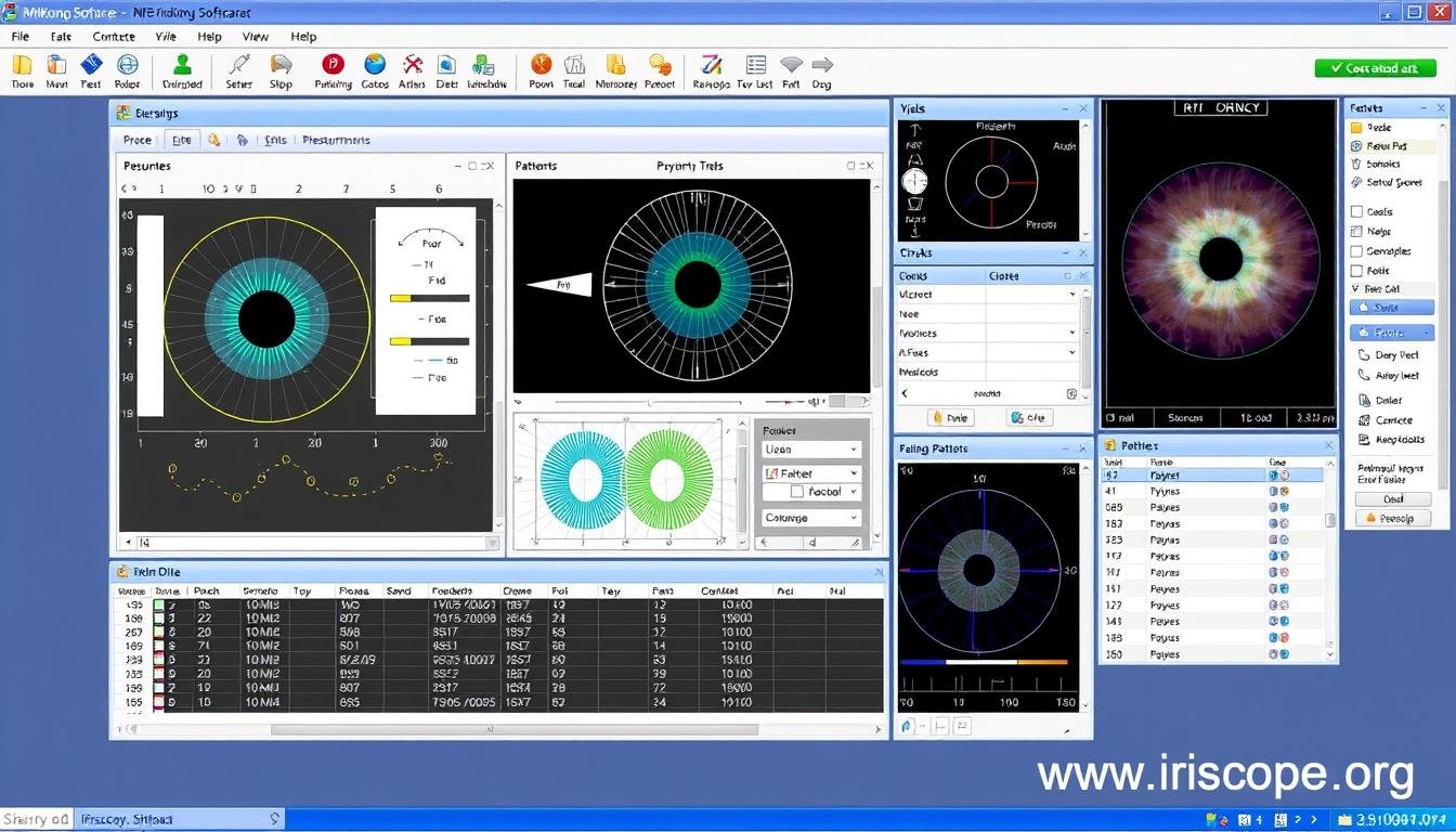 MAIKONG iridology software interface showing comprehensive analysis tools