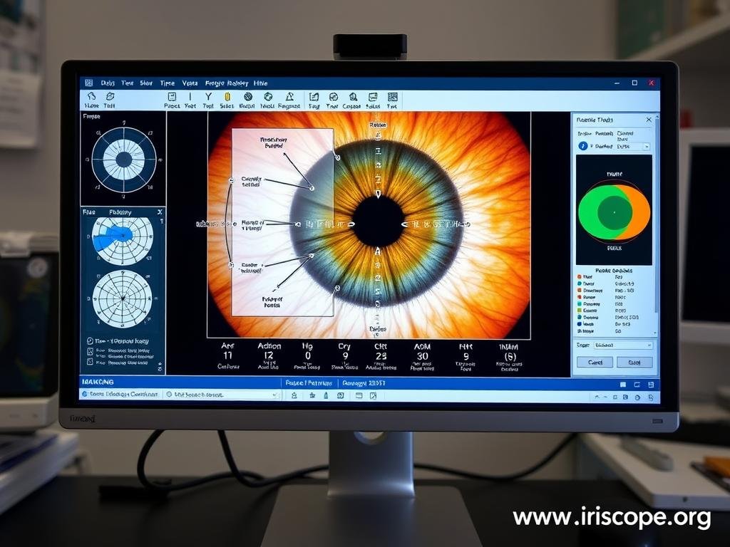 MAIKONG iridology software interface showing iris analysis