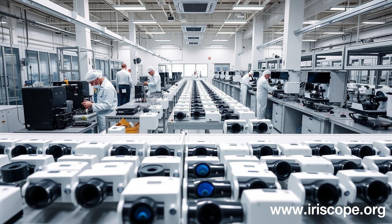 MAIKONG manufacturing facility producing iridology cameras with quality control testing