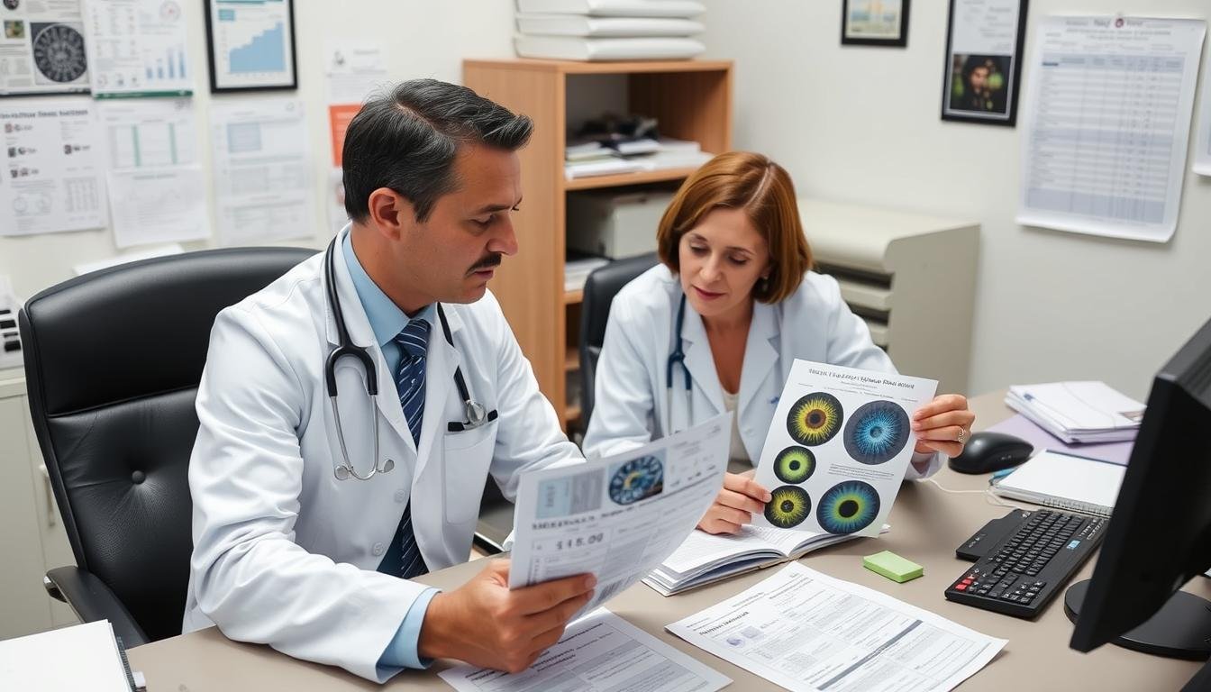 Medical professional and iridologist collaborating on a patient health plan