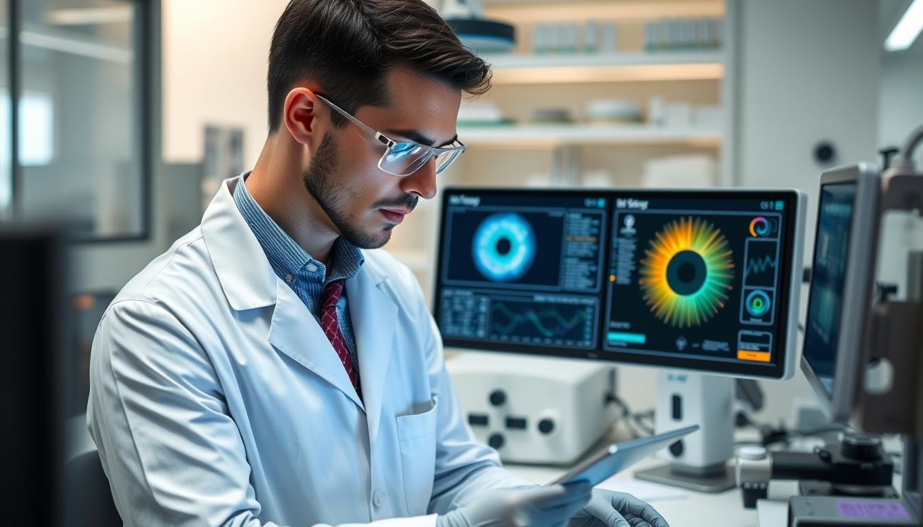 Medical researcher examining iridology research data and iris photographs Medical researcher examining iridology research data and iris photographs