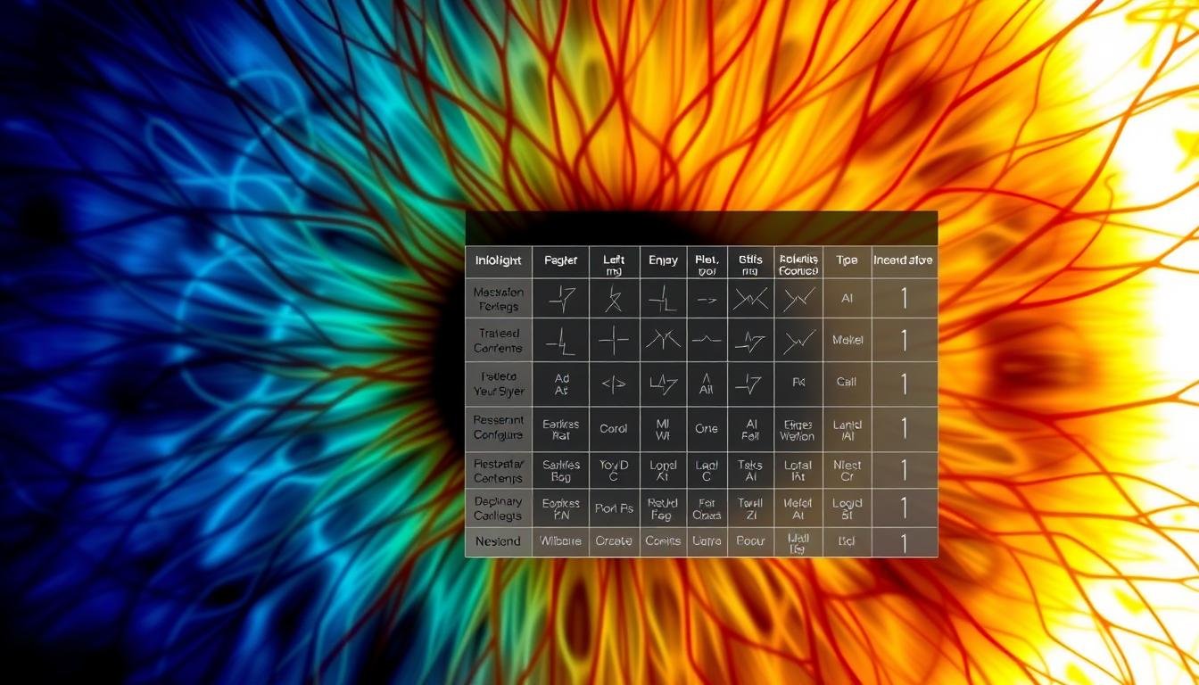 Microscopic view of iris fibers with Iridology Chart overlay showing nerve connections