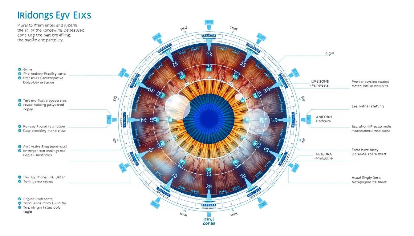 Modern digital iridology chart with technological overlay showing iris zones and corresponding body systems