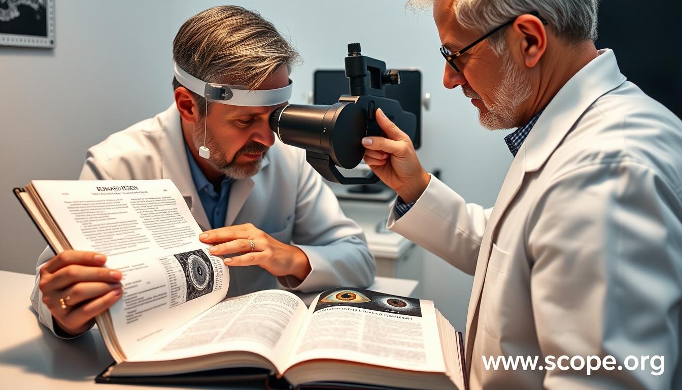 Modern iridologist referencing Bernard Jensen's books while using digital equipment Modern iridologist referencing Bernard Jensen's books while using digital equipment