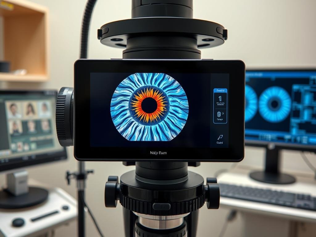 Modern iridology camera system with digital analysis software displaying iris scan results Modern iridology camera system with digital analysis software displaying iris scan results