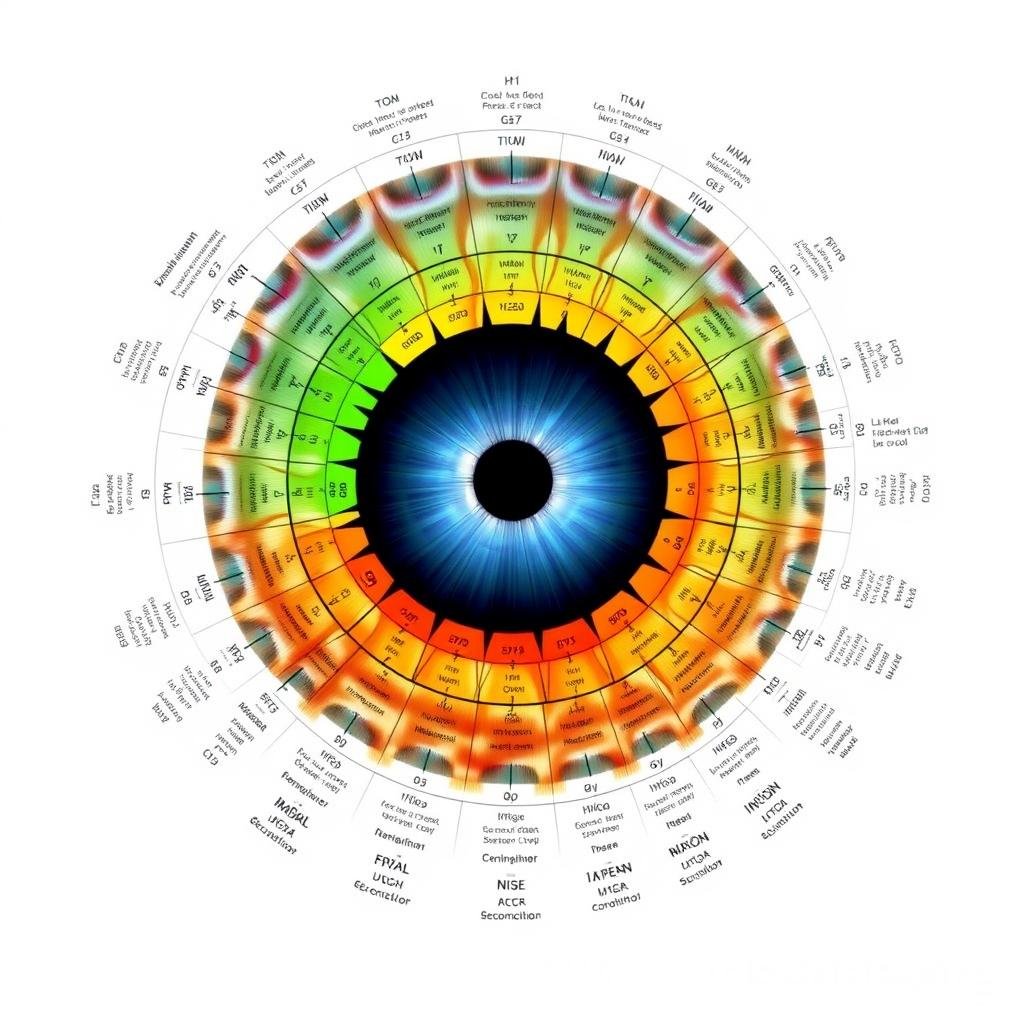 Modern iridology chart showing the mapping of iris zones to different body systems and organs Modern iridology chart showing the mapping of iris zones to different body systems and organs