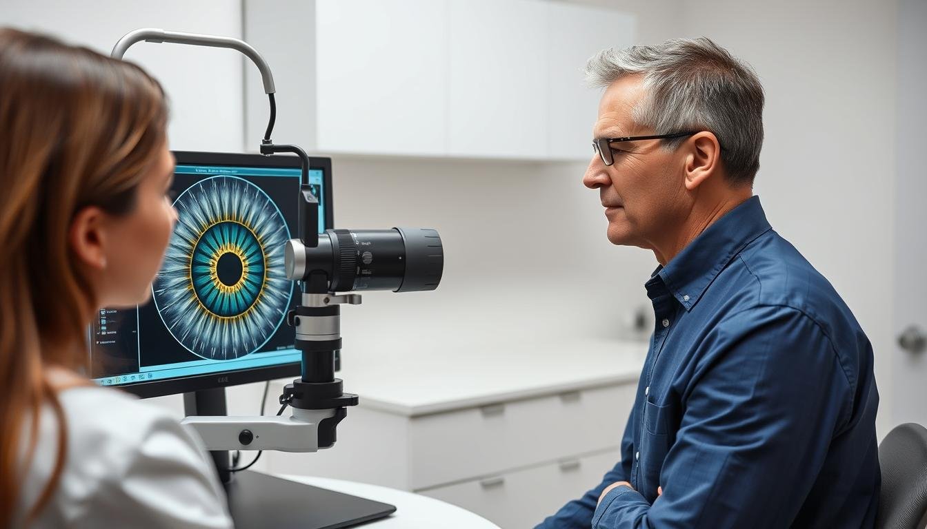 Modern practitioner using digital iridology equipment based on Bernard Jensen's methodology Modern practitioner using digital iridology equipment based on Bernard Jensen's methodology