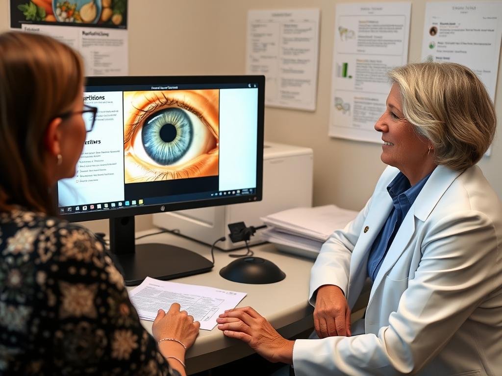 Nutritionist reviewing iris images with a client to discuss dietary recommendations Nutritionist reviewing iris images with a client to discuss dietary recommendations