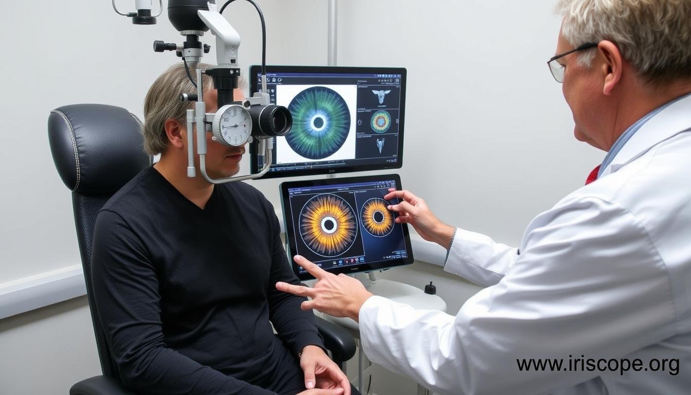 Patient receiving both conventional eye exam and iridology assessment Patient receiving both conventional eye exam and iridology assessment