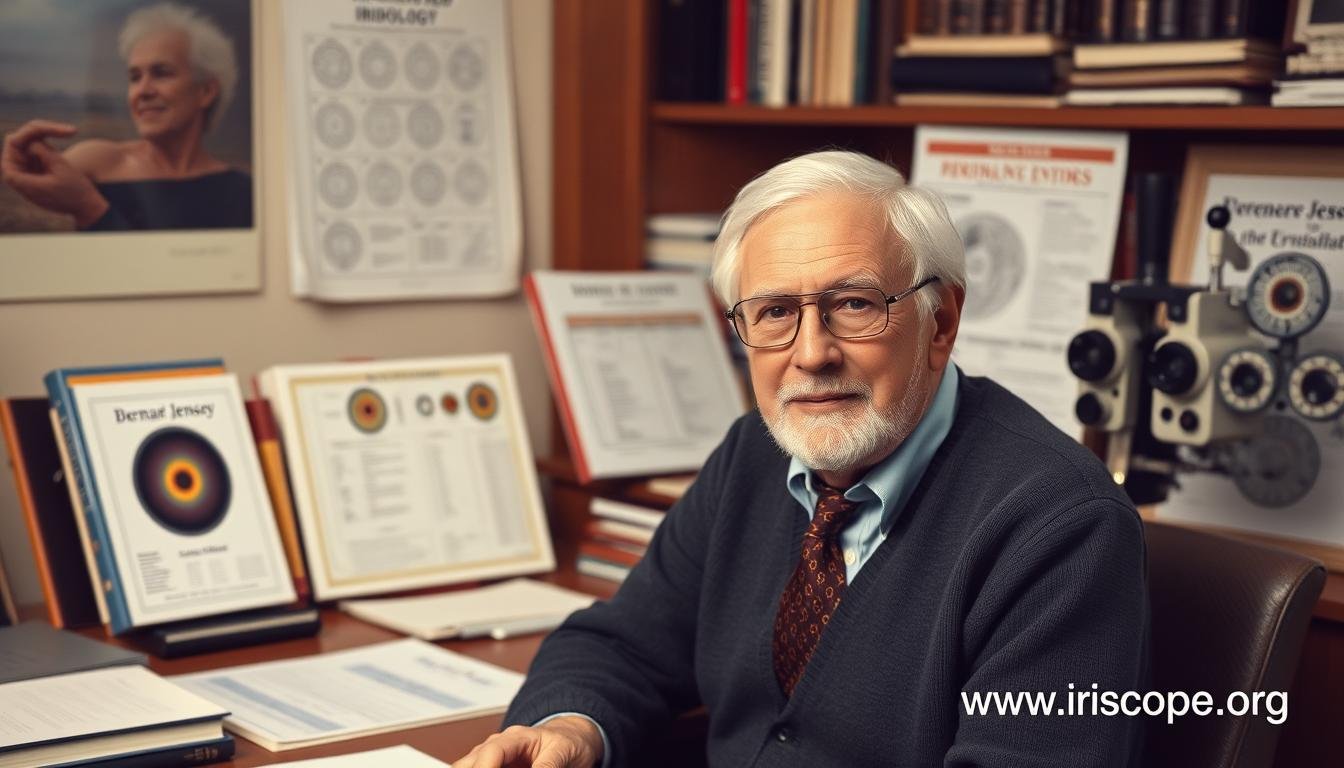 Famous Books on Bernard Jensen Iridology 1 Portrait of Dr. Bernard Jensen with his iridology books and charts