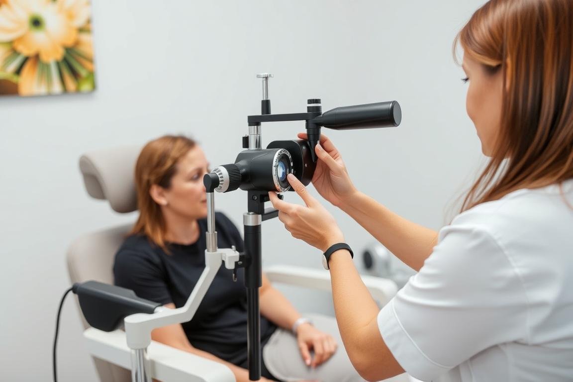 Practitioner demonstrating ergonomic use of iridology equipment with a patient Practitioner demonstrating ergonomic use of iridology equipment with a patient