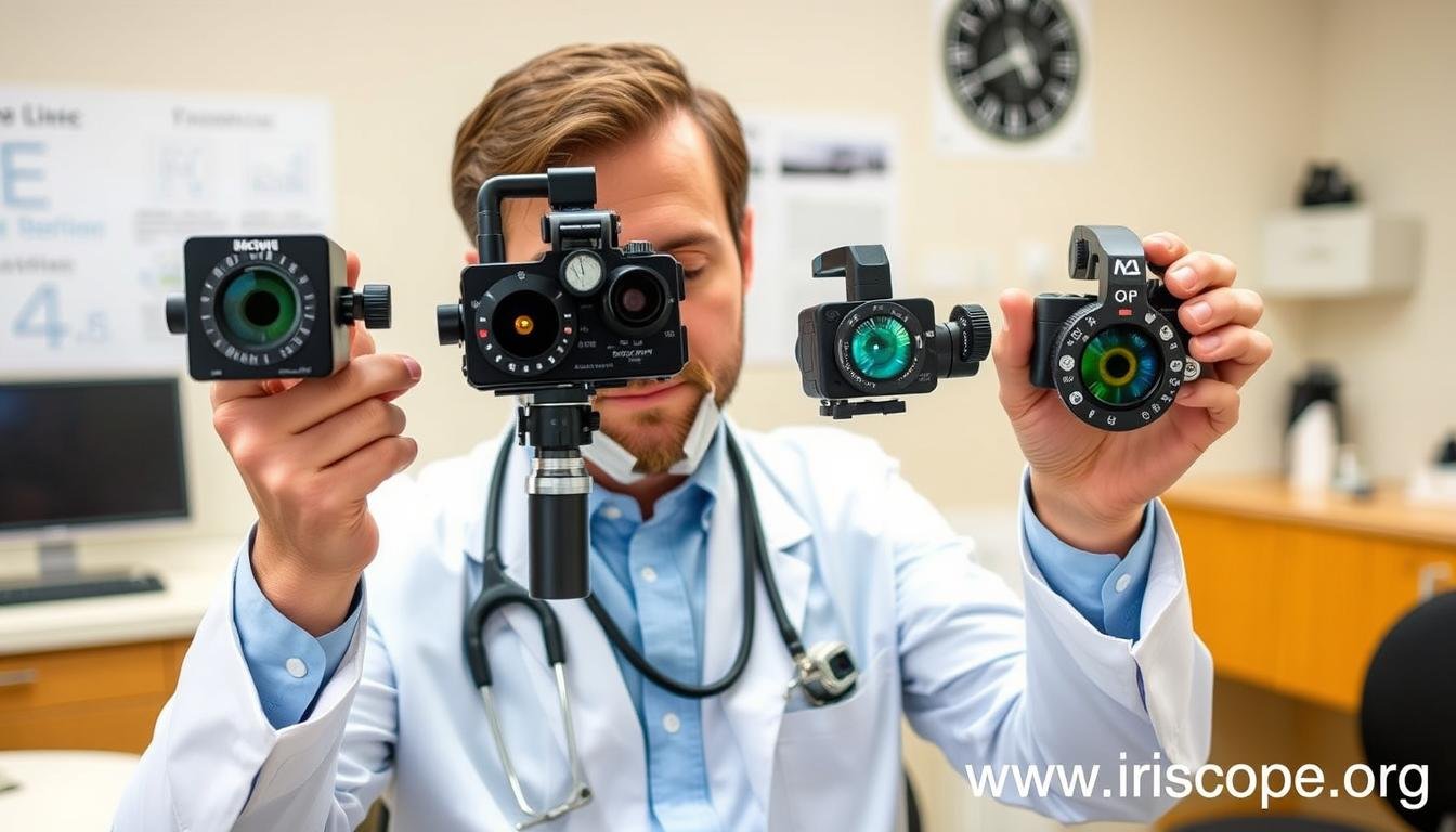 Practitioner evaluating different iridology camera models in a professional setting Practitioner evaluating different iridology camera models in a professional setting