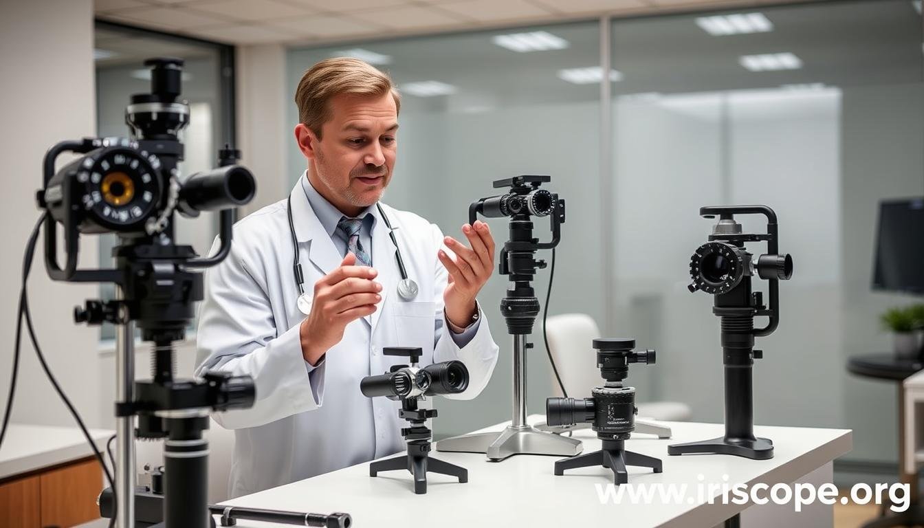 Practitioner evaluating different iridology camera options