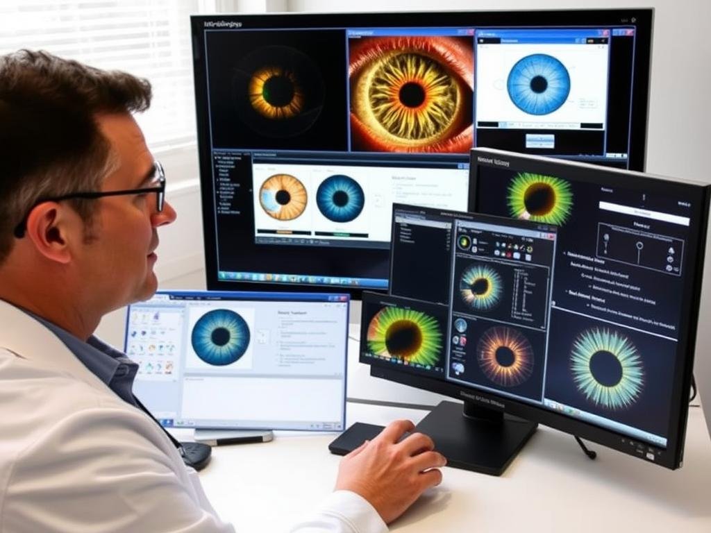 Practitioner evaluating different iridology software options Practitioner evaluating different iridology software options