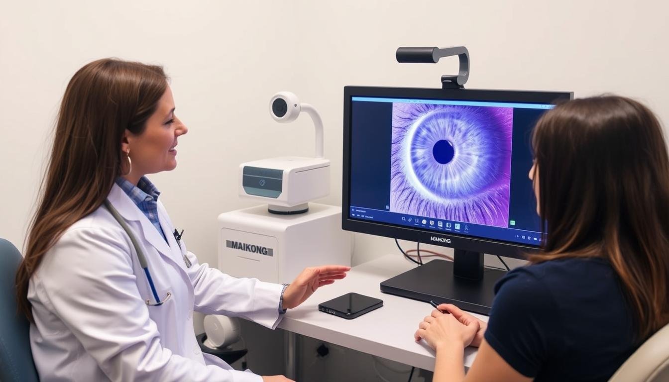 Practitioner explaining iridology findings to a patient